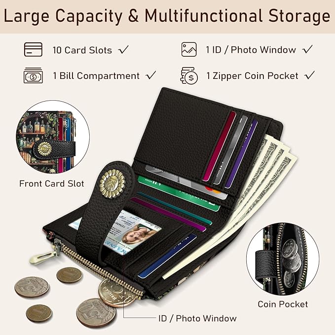 Kelvoris Bookshelves Skull Goth Gothic Small Rfid Women Wallet Bifold Zipper Coin Pocket PU Leather Compact Cash Credit Card Holder Travel Wallet Female Ladies Teen Girls 1 ID Window 10 Card Slots