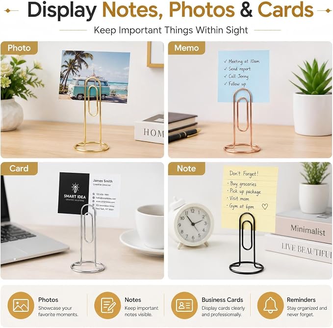 5.2 Inch Desktop Memo Holder, 4 Pack Jumbo Metal Desk Paper Clip Organizer for Office Table, Place Card, Bills, Photos, Table Numbers, Multi-Purpose Document Stand Accessory