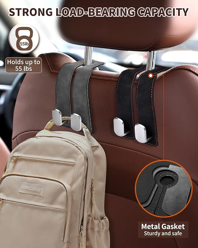 Headrest Hooks for Car, 4 Pack Car Seat Back Organizer Storage Hook, Double Hook Car Seat Hooks for Hanger Purses and Bags, Leather Purse Holder for Car, Black