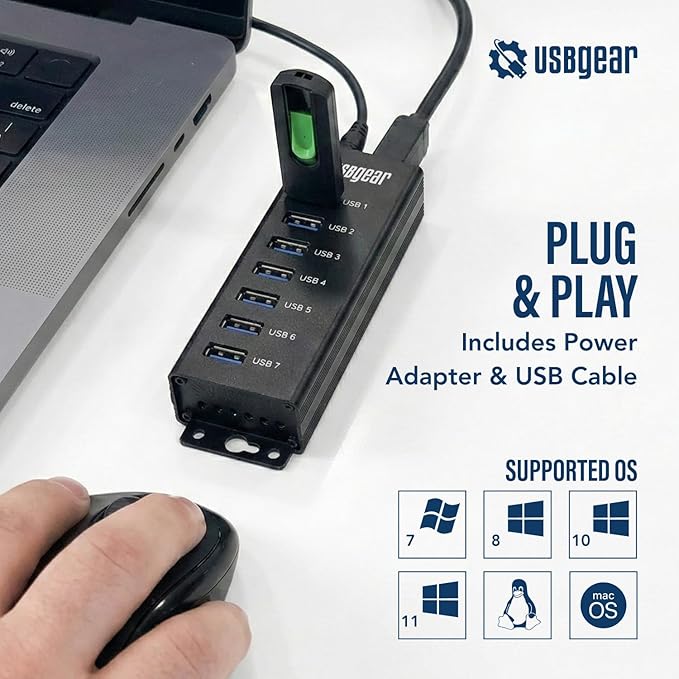 USBGear 7-Port USB Hub 3.2 Gen 1 – Mountable SuperSpeed Data Hub with USB Ports for Laptop, PC, Desktop, and More, 5V/4A Power Adapter with Type-A to Type-B Cable (3ft), Computer Accessories