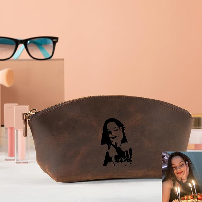 Blade Premium Personalized Genuine Leather Cosmetic Makeup Bag - Wedding Gift for Bridesmaid, Travel Organizer Clutch for Women with Zipper Pouch for Toiletry Essentials (Dark Tobacco)