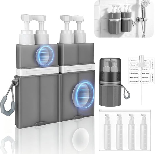 4 in 1 Travel Dispenser Bottles, TSA Approved Leak Proof Refillable Toiletry Containers with Vacuum Suction Cup for Smooth Walls, Portable Empty Bottle Set for Shampoo Conditioner Body Wash