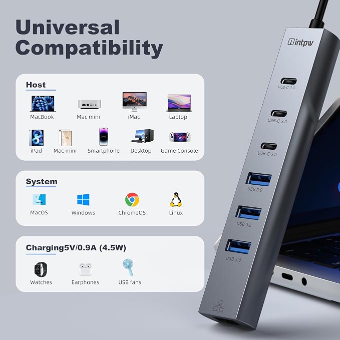 intpw USB C Hub with Ethernet, 8-Port USB Hub 3.0 Multiport Hub with 3 USB-C &3 USB-A Port 5Gbps,USB Splitter, Gigabit Ethernet, Aluminum USB Extender Hub Long Cable for MacBook, Desktop, Laptop, PC