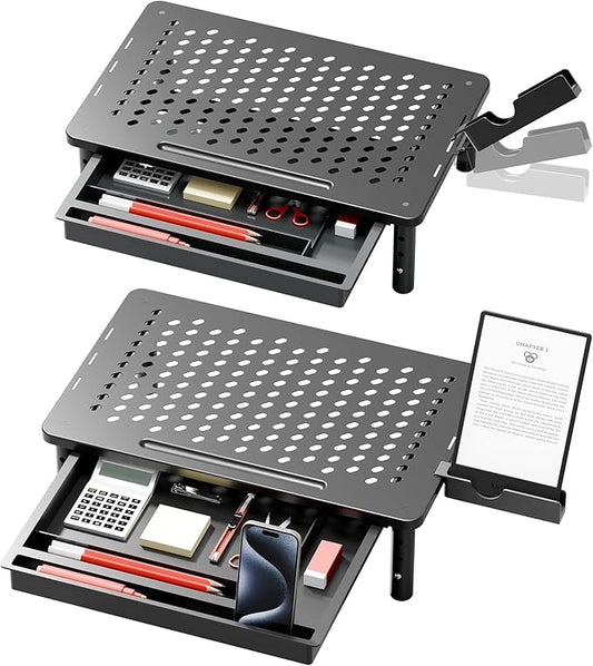 Computer Monitor Stand Riser with Storage, 3 Height Adjustable Laptop Desktop Monitor Stand with Drawer, Metal Short Printer Table, Stand Riser for Desk, Office Desk Organizers and Accessories, 2 Pack