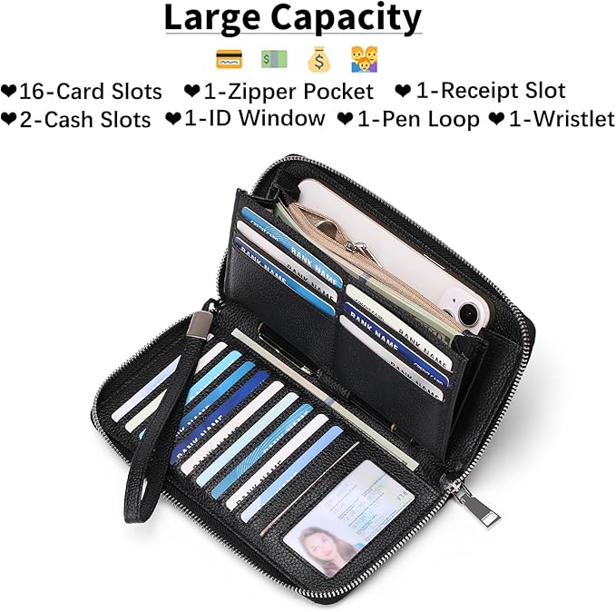 GOIACII Womens Wallet RFID Blocking Leather Zip Around Wallet Large Capacity Long Purse Credit Card Clutch Wristlet | RFID Blocking, Zip Around, Large Capacity, Long, Credit Card, Clutch