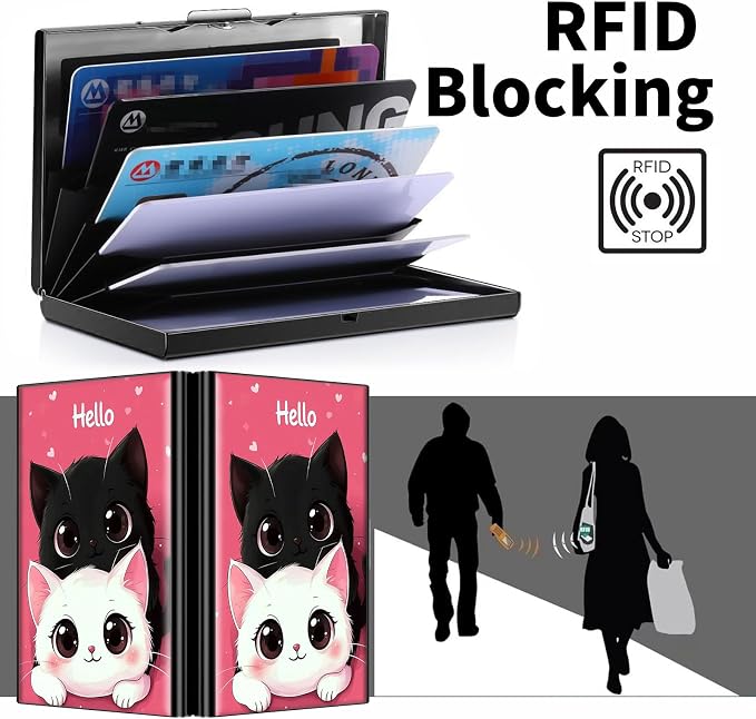 Metal Wallet, Credit Card Holder for Women Men Girls, RFID Blocking Aluminum Wallet Slim Hard Case, Mini Travel Wallet, ID Card Holder Business Card Case,Hello Cat
