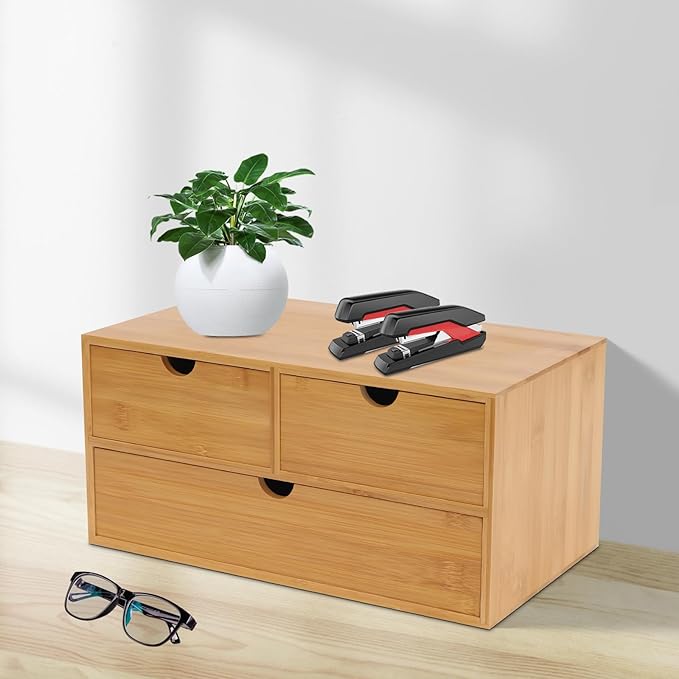 Gdrasuya10 Bamboo Desk Organizer, Drawer Tabletop Storage Organization Box for Office Home Toiletries Supplies, No Assembly Required