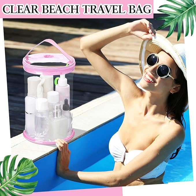 Sanwuta Clear Lotion Bag for Toiletry Sunscreen Cylinder Makeup Bag Heavy Duty Travel Organizer Pouch Waterproof Cosmetic Pouch with Handle Zipper Gift for Summer Beach Pool Airport Women(Pink)