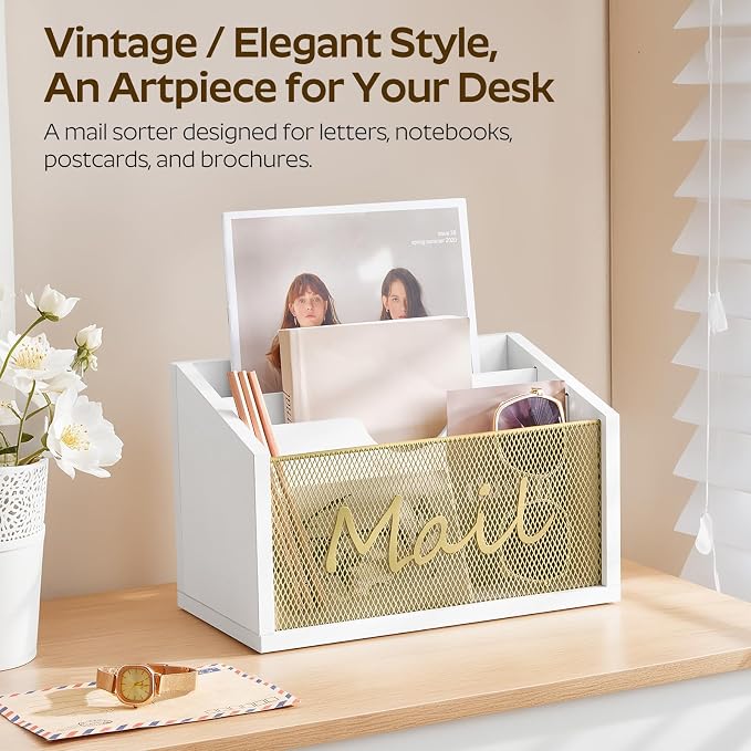 YATINEY Mail Organizer Countertop, Mail Holder with 3 Slots, Mail Sorter for Desk, Wooden Office Desk Organizer, Mail Organizer for Magazines, Files, Papers, Folders, White and Gold MR03DW