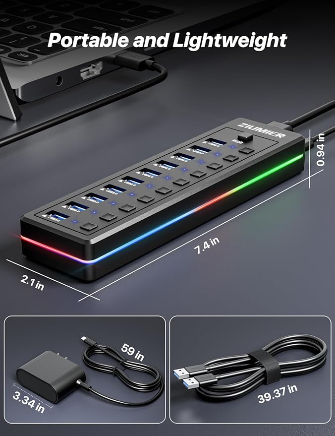Powered USB Hub, 10-Port USB 3.0 Hub with RGB LED Strip -5Gbps Data Transfer,Individual LED On/Off Switches and 12V/2A Power Adapter for Laptop, PC, Mouse, Keyboard, Hard Drive or More USB Devices.