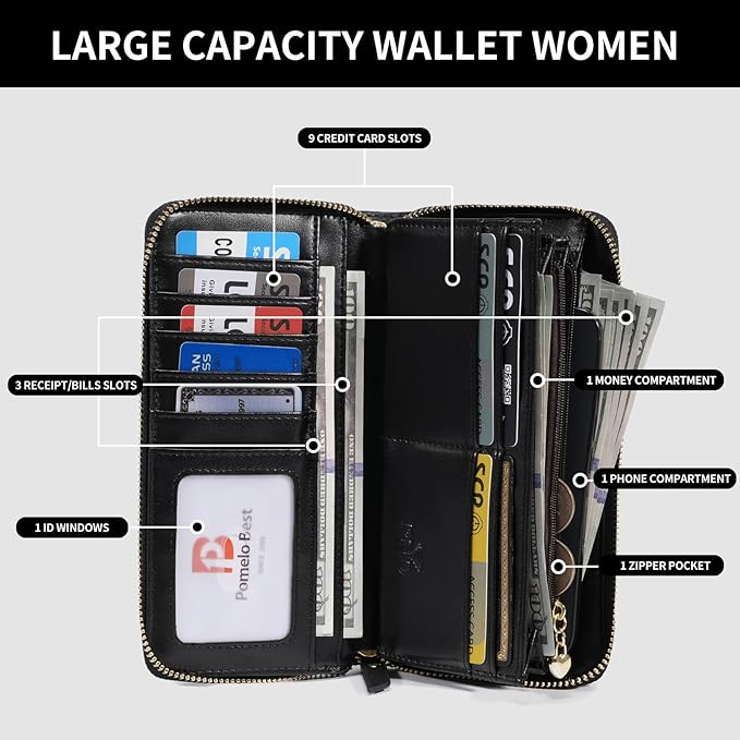Pomelo Best Womens Wallet RFID Blocking Leather Multi Credit Card Large Capacity Wristlet Zip Around Long Wallets for Lady