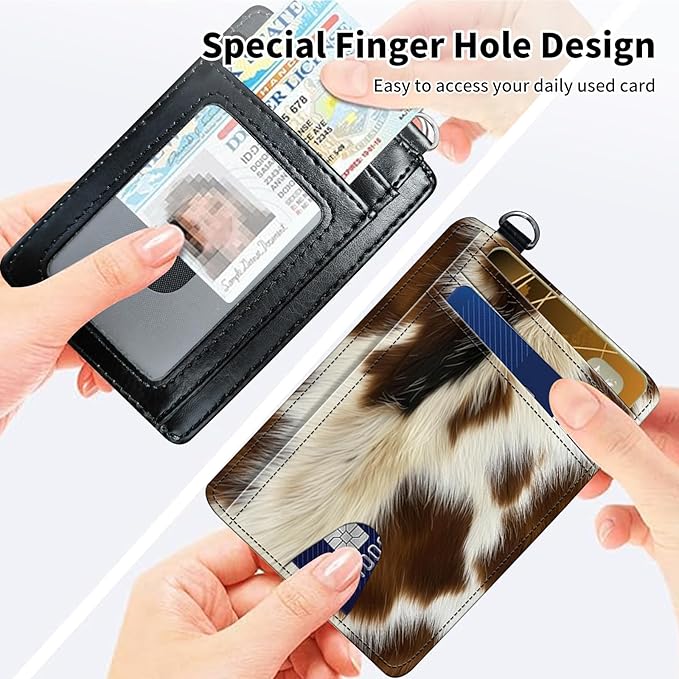 Slim Minimalist Front Pocket Wallet,Credit Card Holder Wallet for Women Men,RFID Blocking Credit Card Holder Case Leather Cute Small Thin Wallet ID Window&Wrist Strap,Brown White Fur Print