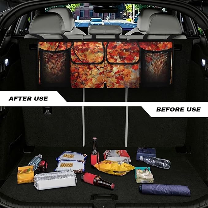 Thanksgiving Leaves Fall Car Trunk Organizer Capacity Car Organizer SUV, Equipped with Robust Elastic Net, Hanging Car Storage Organizer Space Saving Expert
