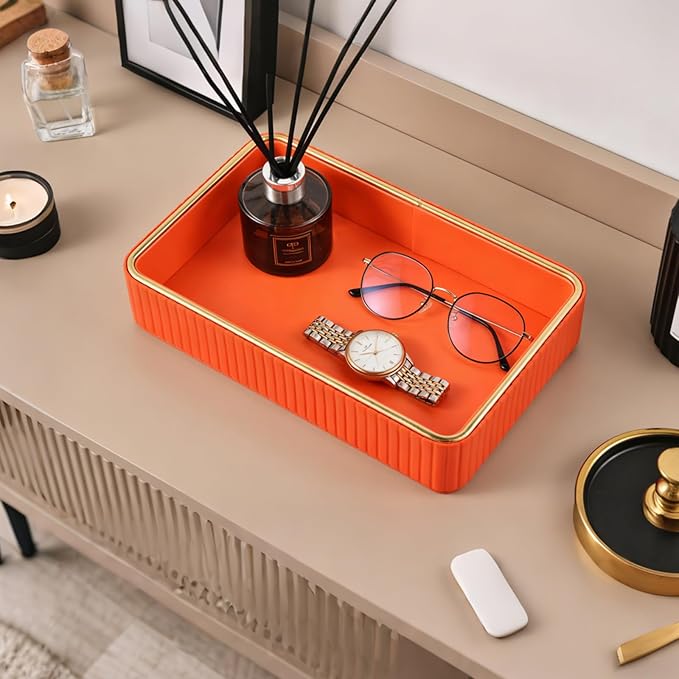 PU Leather Valet Tray,Desk Organizer Tray Nightstand Organizer Trinket Dish Storage Key Bowl Decorative Trays for Phone Wallet Jewelry Watch Bathroom Bedroom Perfume Vanity Trays,Orange