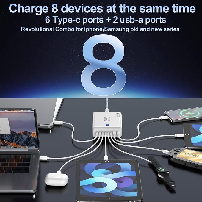 USB C Charger Block 240W, 8-Port Charging Station for iPhone/Ipad/MacBook, 6C2A PD GaN Charger Box, USB Tower Hub with Flat Plug, Travel Essentials