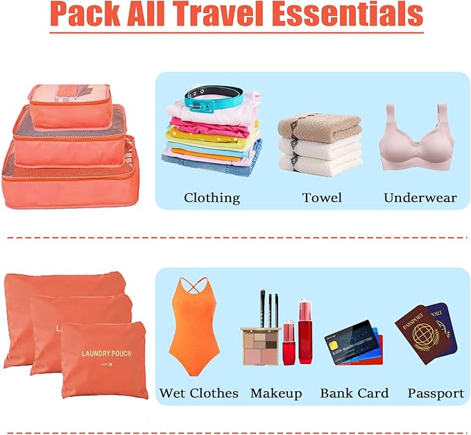 6 Set Packing Cubes for Travel Luggage Packing Bags Reusable Waterproof Suitcase Organizer Bags Set with Shoe Bag and Toiletry Bag (Orange)