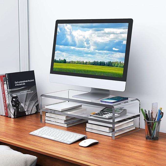 Egchi Acrylic Monitor Stand,2 Tiers Computer Monitor Riser(18x8x5.5 inches),Computer Stand/Monitor Riser for Office,School,Home,Laptop Stand Desktop Stand for Keyboard Storage&Printer TV Screen