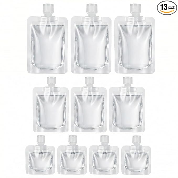 Travel Pouches for Toiletries, 13 Pack TSA Approved Refillable Travel Liquid Pouches, Flat Travel Bottles for Toiletries, Reusable 3oz Portable Containers with Funnel, Labels & Clear Carry On Bag
