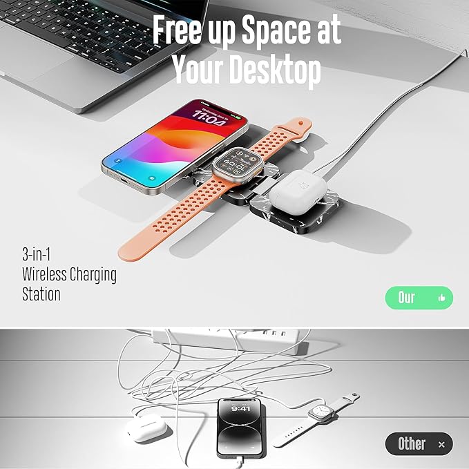 KU XIU Fast Wireless Charger, Magnetic Foldable 3 in 1 Charging Station for iPhone 17/16/15/14/13/12 Pro/Plus/Pro Max, 5W Portable Charger for Apple Watch9/8/7/6/5/4/SE, for Airpods