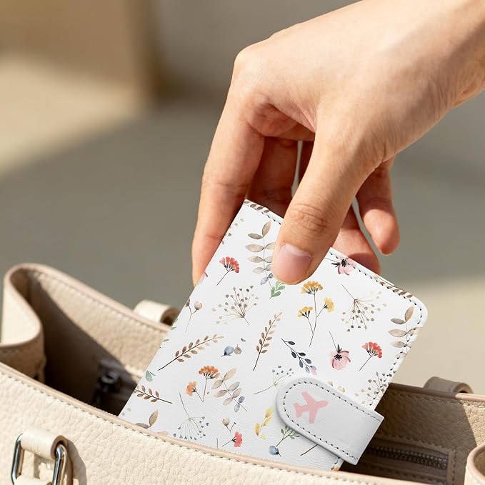 Passport Holder, Travel Wallet Cover with Pen Loop | Cute RFID Blocking Leather Case with Magnetic Closure for Travel Essentials-Flower