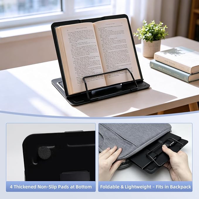 Book Stand, Book Holder, Book Stand for Reading – for Desk & Music | 6 adjustable angles, sturdy metal anti-slip, foldable & compact, holds cookbooks & tablets, great for students
