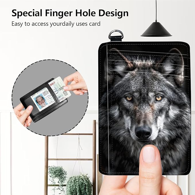 Slim RFID Blocking Card Holder Wallet with Wrist Strap - Minimalist Front Pocket Wallet, Grey Wolf 03 Design, PU Leathe, for Men & Women, Ideal for Travel & Gifts