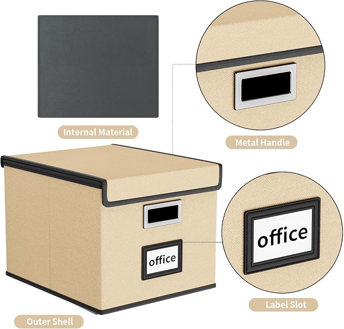 File Organizer Box with Lid, Collapsible File Folder Organizer for Office Document Storage, Filing Box with Plastic Slide for Letter/Legal Size Hanging Files, Brown, 2 Pack