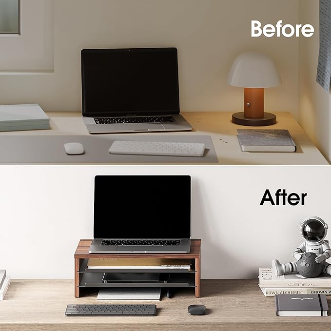 Fenge Monitor Stand, 3-Tier Monitor Riser with Slide-Out Tray, Wooden and Metal Desktop Organizer for Home Office, Computer, Laptop, Printer, Telephone