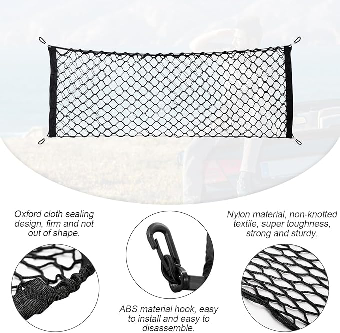 Osilly Car Rear Cargo Net, Double-Layer Adjustable Stretchable Elastic Storage Organizer Net, Trunk Cargo Storage Mesh Net with Hooks, Car Interior Accessories Fit for Vehicle, Trucks, SUV (Small)