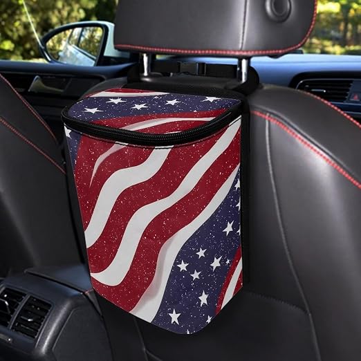 Talayituse American Flag Star Print Car Trash Can with Lid, 4th of July Leak Proof Auto Trash Bag Hanging Vehicle Garbage Can Multipurpose Storage Container for Back Seat Road Trip