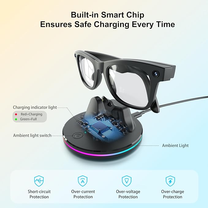 Charging Dock for Ray-Ban Meta Smart Glasses,Charging Station Compatible with Wayfarer, Skyler, Headliner & Oakley HSTN,Smart Glasses Accessories with LED Indicator,Ambient Lighting,Black