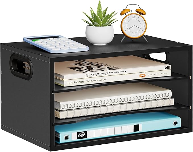 Marbrasse 3-Tier Wood Desk Organizer, Paper Letter Tray Organizer for Desk, Wooden Desktop File Organizer with Handle and Paper Sorter Mail Holder for Office School & Home Supplies Organization-Black