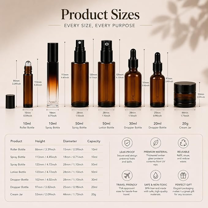 18Pack Avoid light Glass Travel Bottles for Toiletries, TSA Approved Skincare Travel containers with Label, BPA Free Leak Proof,Black-Brown