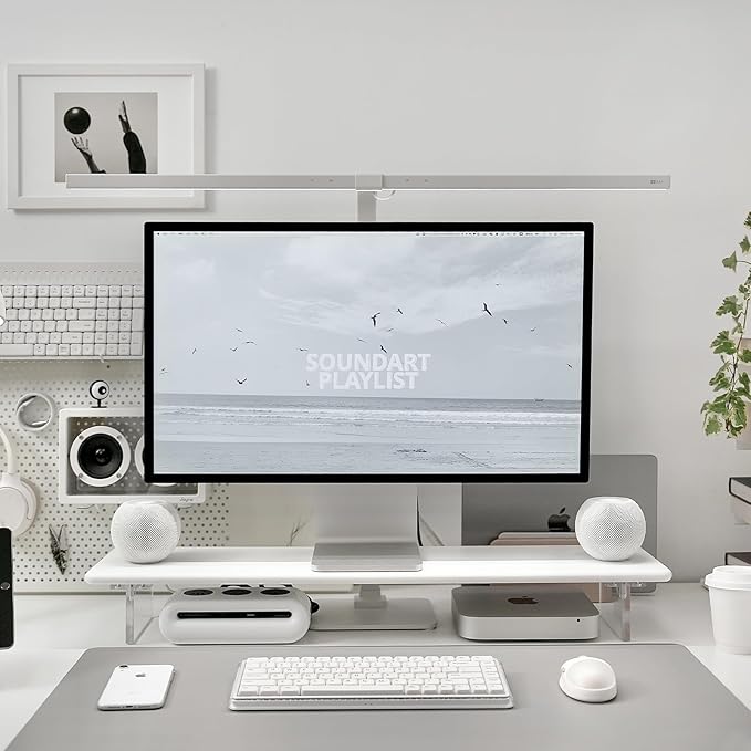 Bamboo Monitor Stand Riser with Acrylic Legs for Desk, 31.5 Inches Desktop Shelf Supports for PC Computer Monitor, Laptops, Printer, Speakers (White)