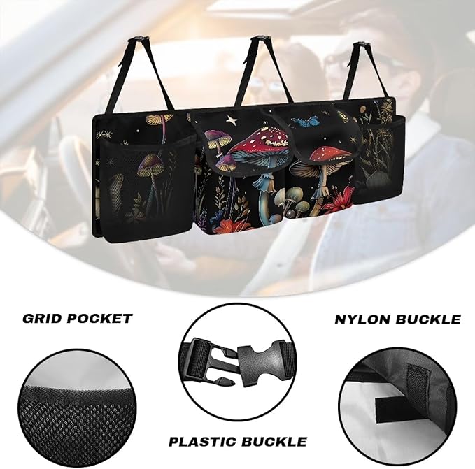 Mushroom Car Trunk Organizers,Backseat Hanging Organizer with 4 Large Storage Bag,Butterfly Black Design Bag with Lids,Road Trip Adjustable Strap Not Easy to Fade