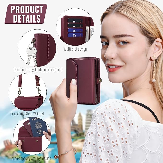 ASAPDOS RFID Blocking Family Passport Holder Wallet,Hold 2-3 Passports for Travel with Credit Card Slots & Wrist Crossbody Strap Red