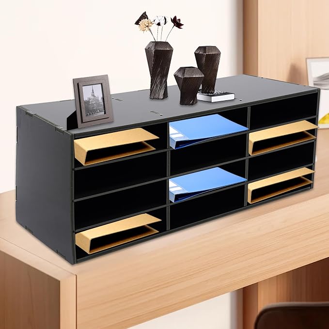12-Slot Desktop Organizer, Minimalist Design Mailbox, File Sorter w/Top Platform for Hold Cables/Files/Keys, Desktop Bill Paper Organizer for Office & Home (Black, 12 Slot, Style 2)