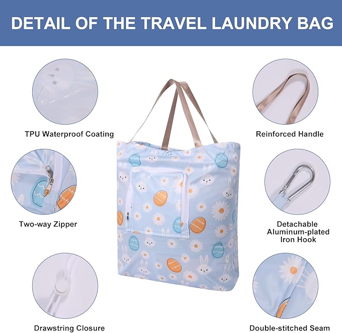 2 Pack Travel Laundry Bag with Handle and Drawstring, Expandable Foldable Dirty Clothes Bags with Hook and Zipper, 23*20 inch, Cartoon 3 White + Blue