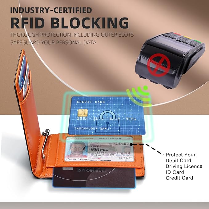 RUNBOX Slim Wallets for Men with RFID Blocking & Minimalist Mens Front Pocket Wallet Leather Black&inner Orange