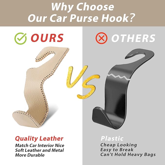 Purse Hook for Car, Purse Holder Car Headrest Hooks Leather for Hanging Purses and Bags, 2 Pack Beige