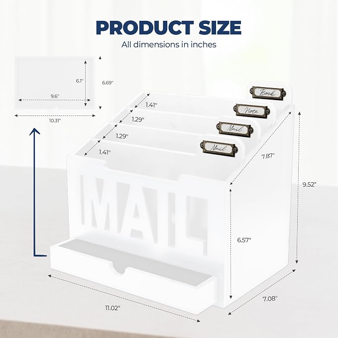 Mail Organizer Countertop – White Holder for Desk with 4 Slots, Drawer & Label Tags, Decorative Desktop Sorter, Envelope Tray for Home Office Organization (11x7x9.5 in)