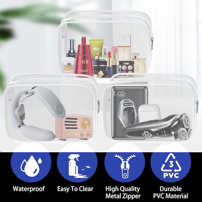 YedsIntu 16 Pack Waterproof Cosmetic Bag TSA Approved Toiletry Bag, Portable Travel Pouch with Zipper, Vinyl Plastic Organizer Storage for Men and Women (White-L)