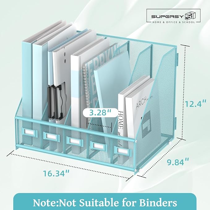 SUPEASY Desk Organizers Metal Desk Magazine File Holder with 5 Vertical Compartments Rack File Organizer for Office Desktop, Classroom, Home Workspace, Blue