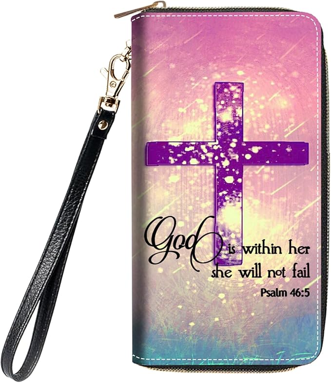 Women's Large Capacity Wallet,Portable PU Leather Zipper Wallet for Smart Phone/Card/Coin/Cash,Multifunctional Clutch Wallet with Removable Wristlet Strap,Christian Cross Quote Bible Verse Psalm 46:5