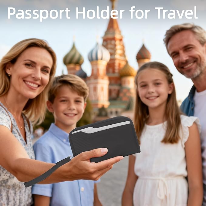 ZOPPEN Passport Holder Family RFID Passport Wallet, Passport Holder Women/Men, Travel Wallet Documents Organizer Zipper Case with Removable Wristlet Strap, Travel Essentials for Flying