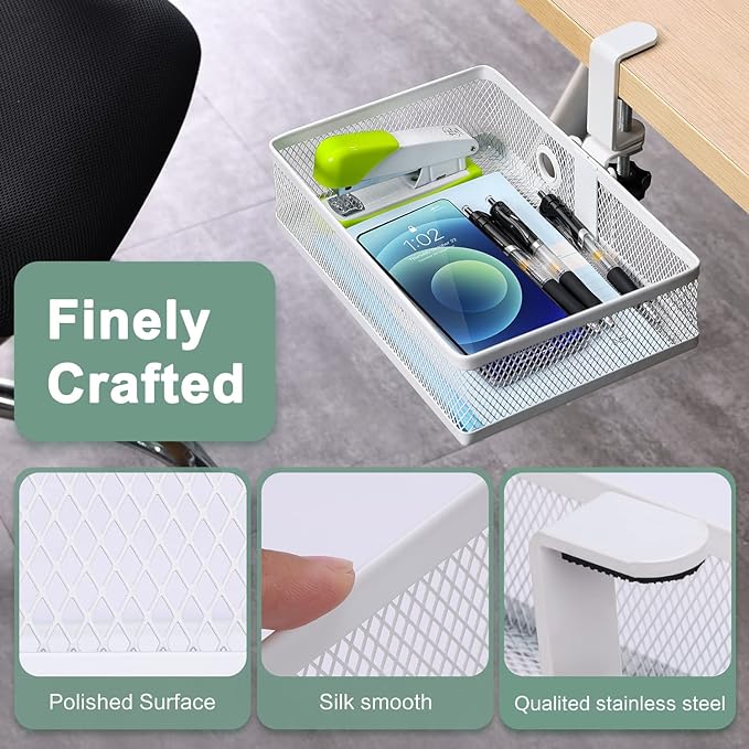 ROSYLINE Clamp On Desk Organizer - Under Desk Hanging Drawer with Storage Basket, Multi-Scene Mount Tray for Home Dorm Office (White)