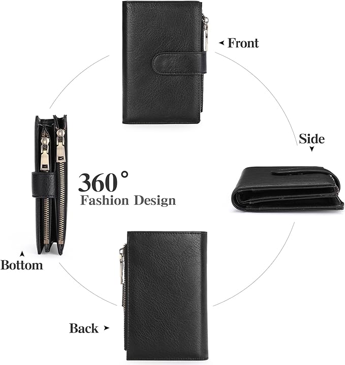 GOIACII Womens Wallets RFID Blocking Leather Trifold Clutch Wallet Credit Card Holder Ladies Purse 3 ID Windows Black