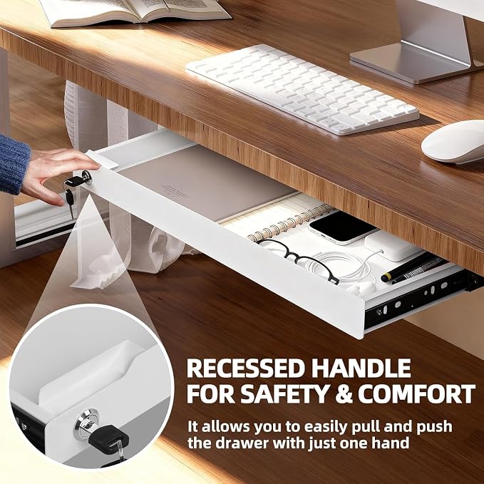Under Desk Drawer Storage with Lock, Metal Undermount Table Drawer, Ball Bearing Slides Out Tray Organizer for Paper, Pencil, and Laptop 24"x10.3"x2.1", White with Divider