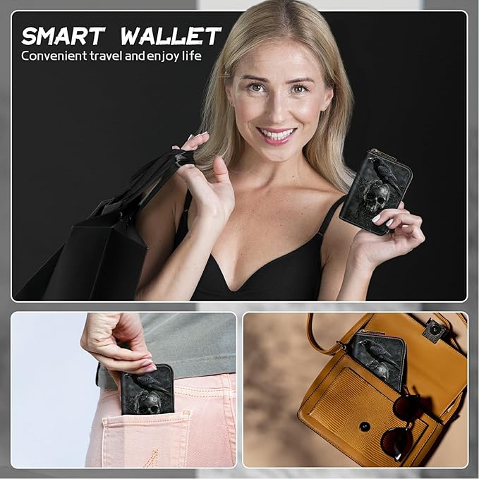 Cute Credit Card Holder with Zipper, Crow Skull RFID-Blocking Card Case Small Wallet for Women Men, Multi-slot Card Organizer Case Travel Accordion Wallet