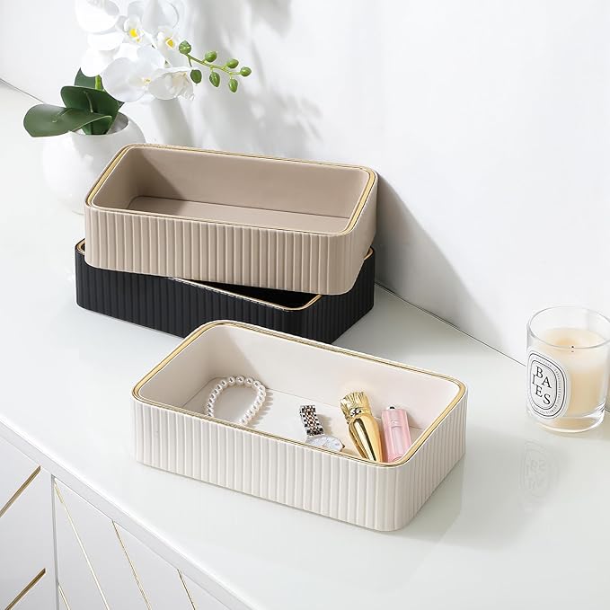 Desk Organizer Tray, PU Leather Nightstand Organizer Perfume Valet Tray for Men Women, Decorative Vanity Trays Trinket Dish Key Bowl for Entryway Table (Beige, Small)